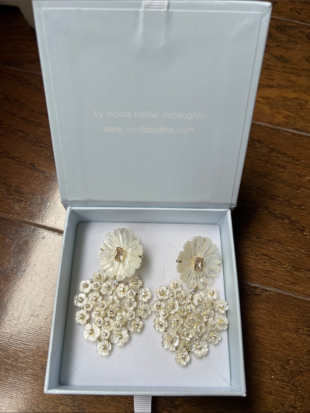 Nicola Bathie mother of pearl heart earrings.